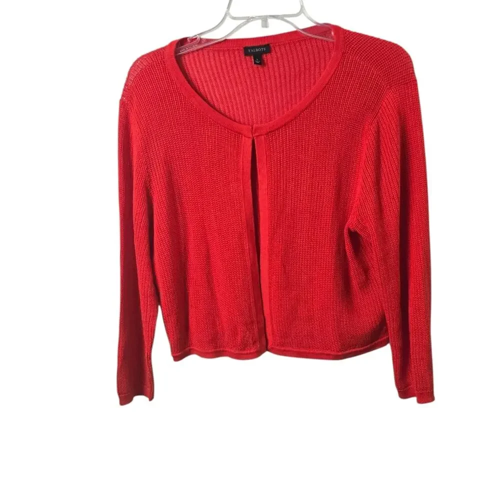 Talbots Red Open Front Cardigan Sweater L Pointelle Knit Cotton Modal Office